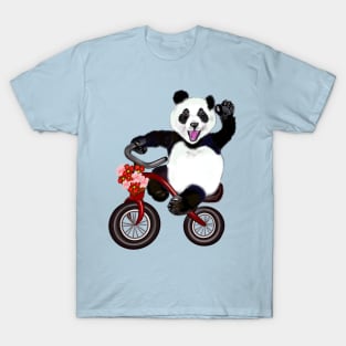 Panda bear on a tricycle bicycle- cute kawaii cuddly panda bear T-Shirt